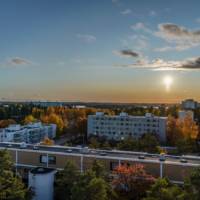 Espoo, Finland. Suburb, buildings, blue sky.