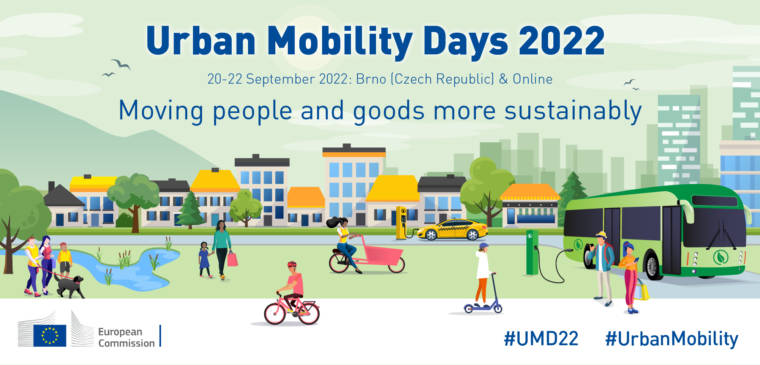 Kuvituskuva, rakennuksia, bussi, henkilöitä. Teksti "Urban Mobility Days 2022".