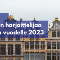 Kuvituskuva. Brysselin Grand Place aukion rakennusten julkisivut, teksti "Haemme viestinnän harjoittelijaa vuodelle 2023, hakuaika päättyy 4. marraskuuta 2022".