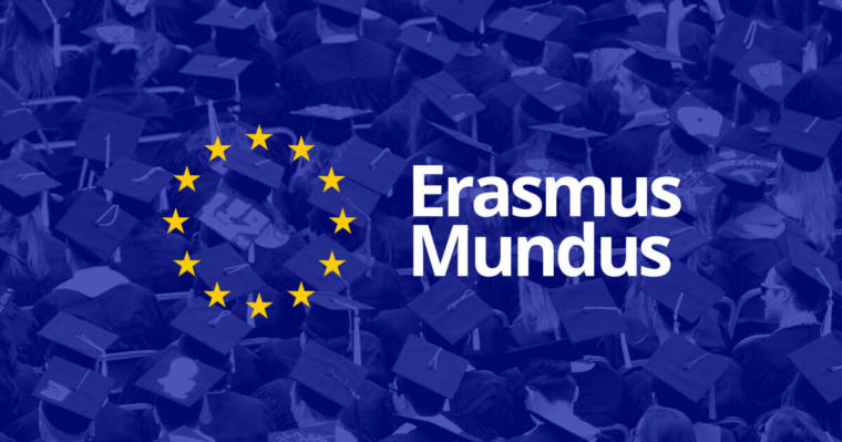 People wearing graduating caps. Text on top of the photo "Erasmus Mundus" and the EU logo.